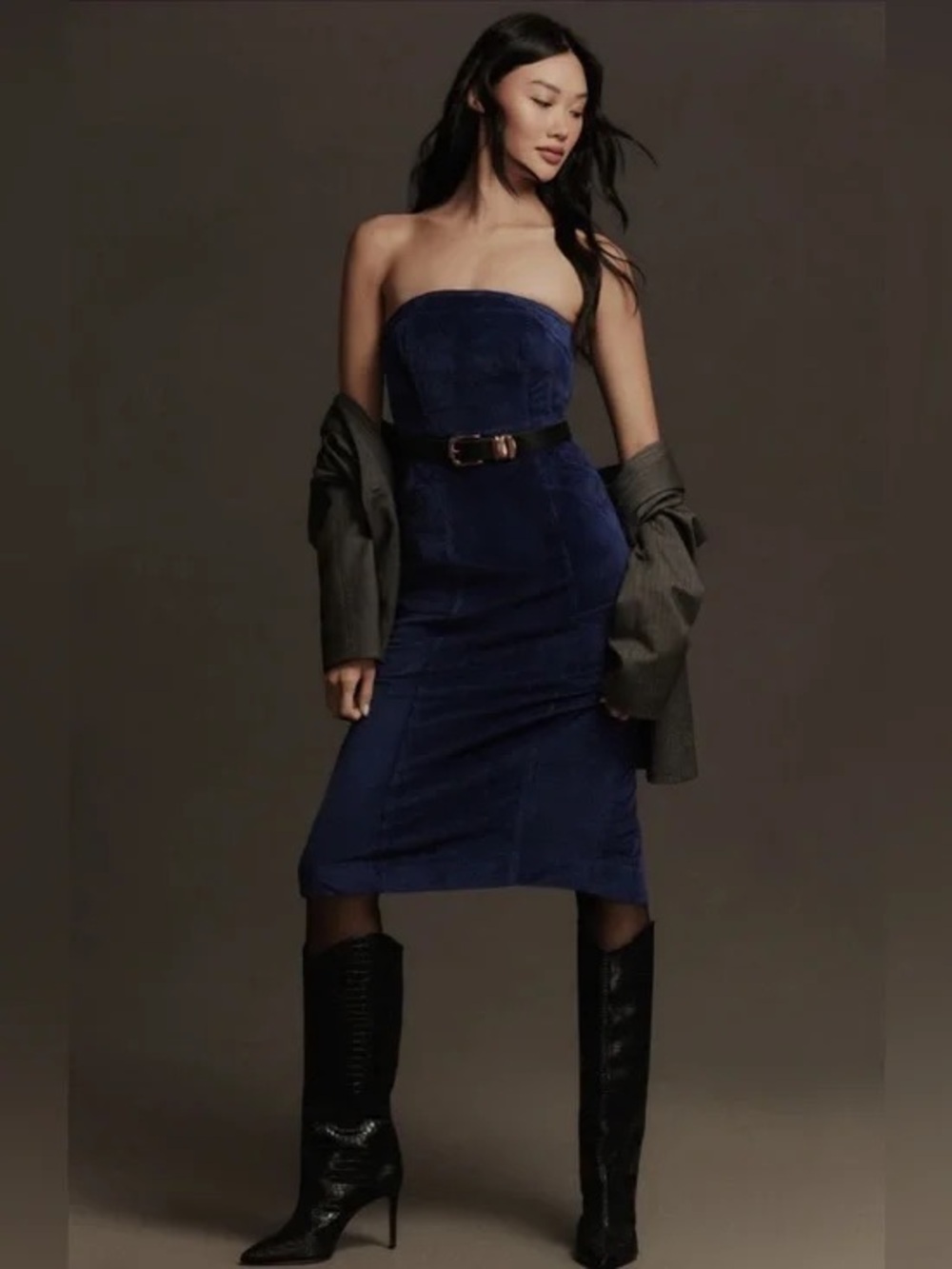Anthropologie NWT Pilcro Strapless Corduroy Slim Midi Dress Cobalt Blue Size 12